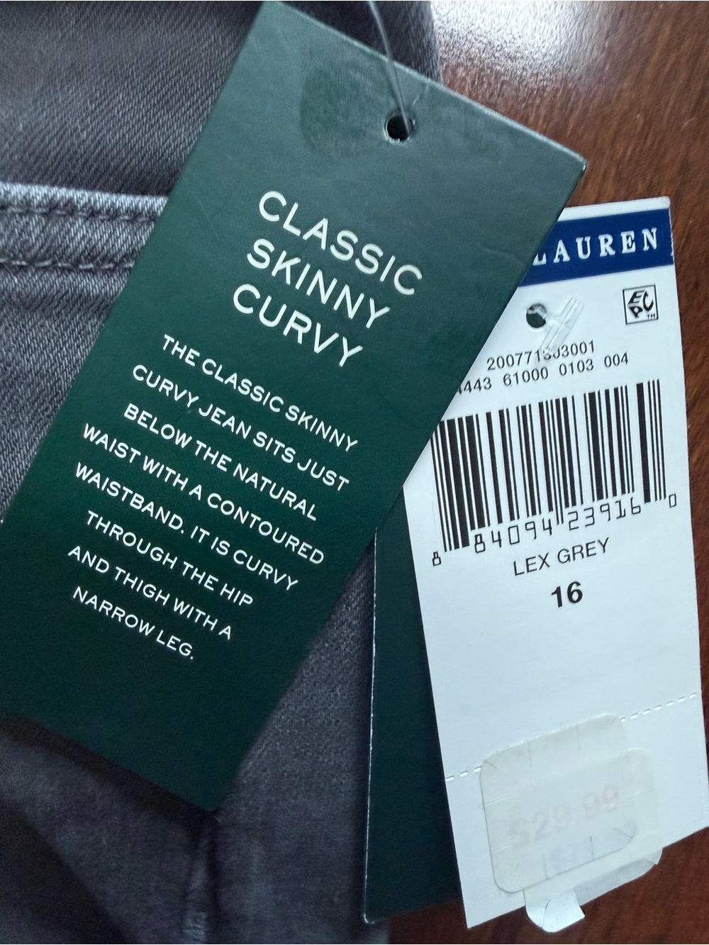 LAUREN RALPH LAUREN CLASSIC SKINNY CURVY LUX GREY JEAN WOMENS 16~NWT - Picture 6 of 6
